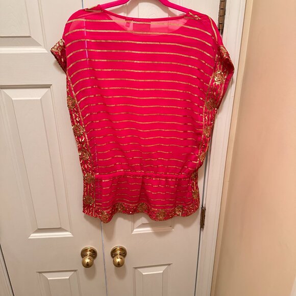 Chico's Fushia & Gold Sequin Embroidered Blouse - Picture 2 of 9